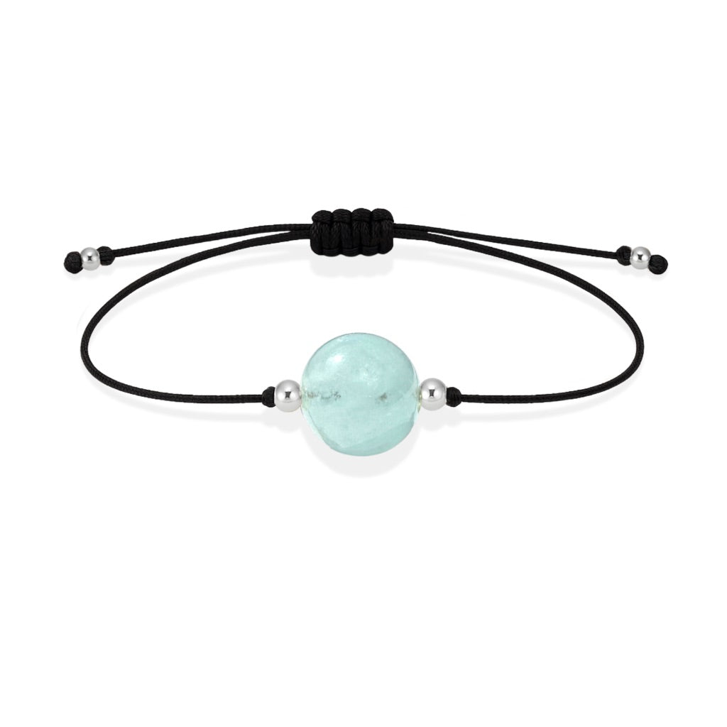 Pulsera de aguamarina natural con hilo negro y balines en plata 925.