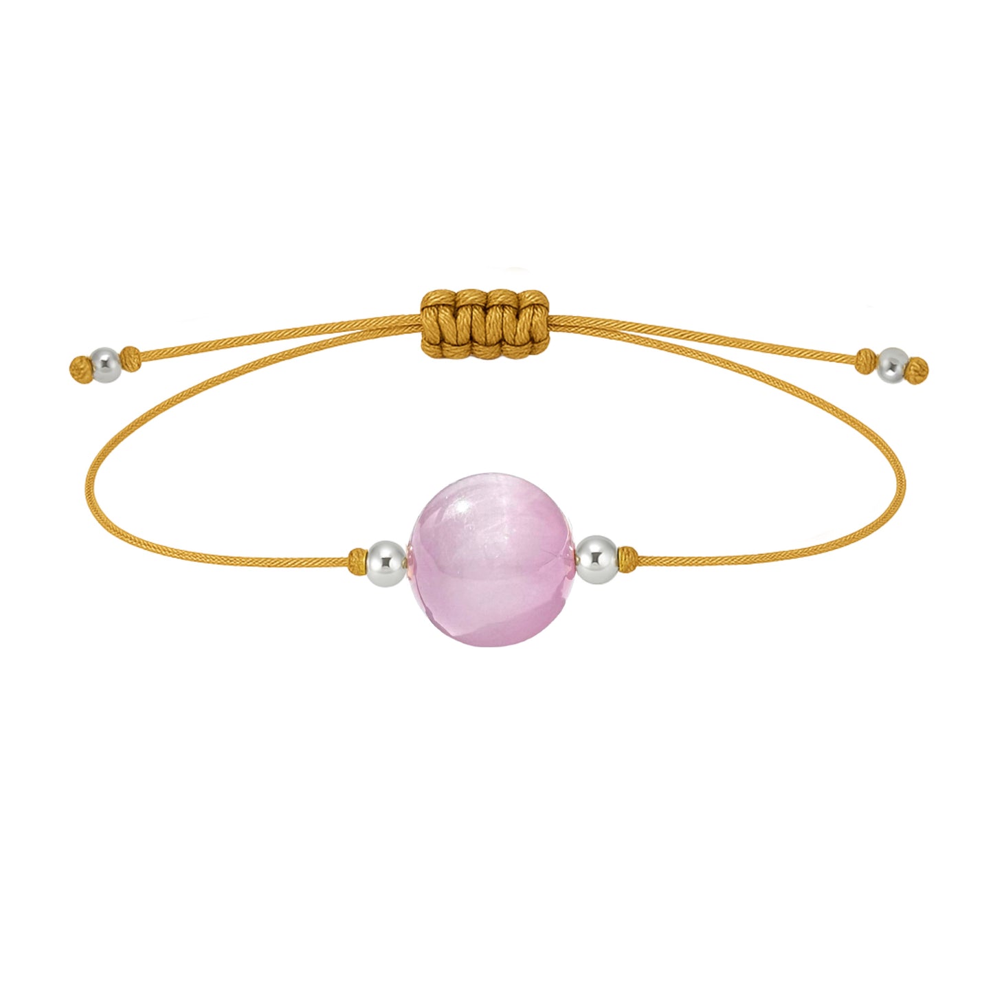 Pulsera de kunzita natural con hilo dorado y balines en plata 925.