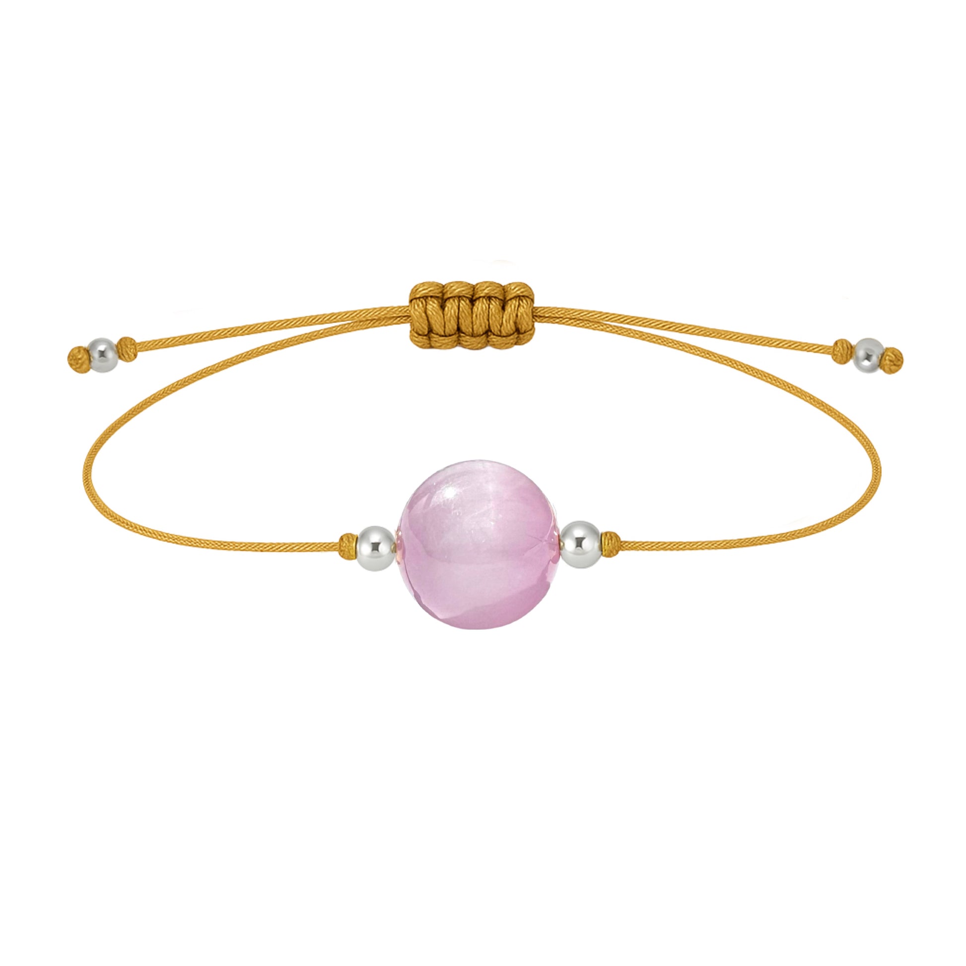 Pulsera de kunzita natural con hilo dorado y balines en plata 925.