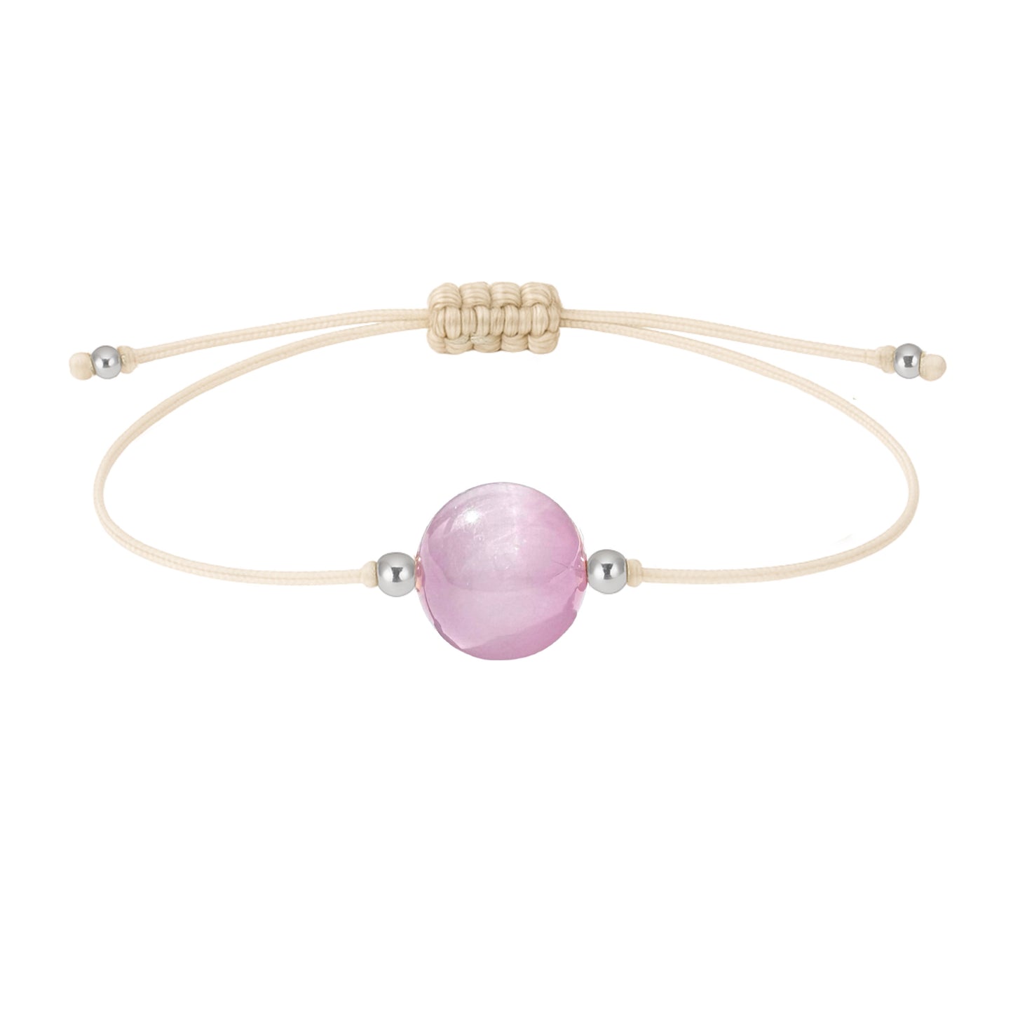 Pulsera de kunzita natural con hilo color hueso y balines en plata 925.