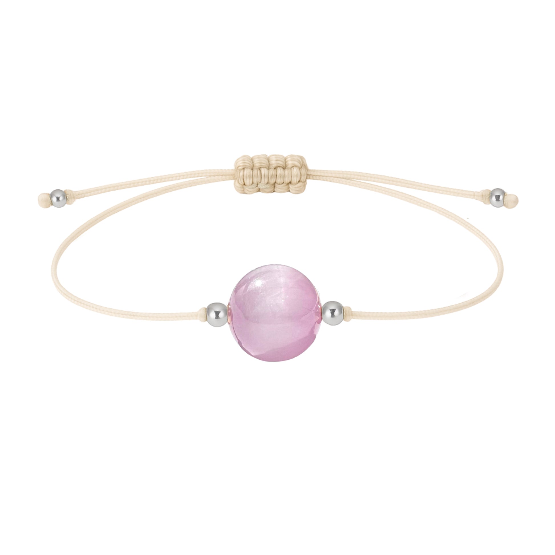 Pulsera de kunzita natural con hilo color hueso y balines en plata 925.