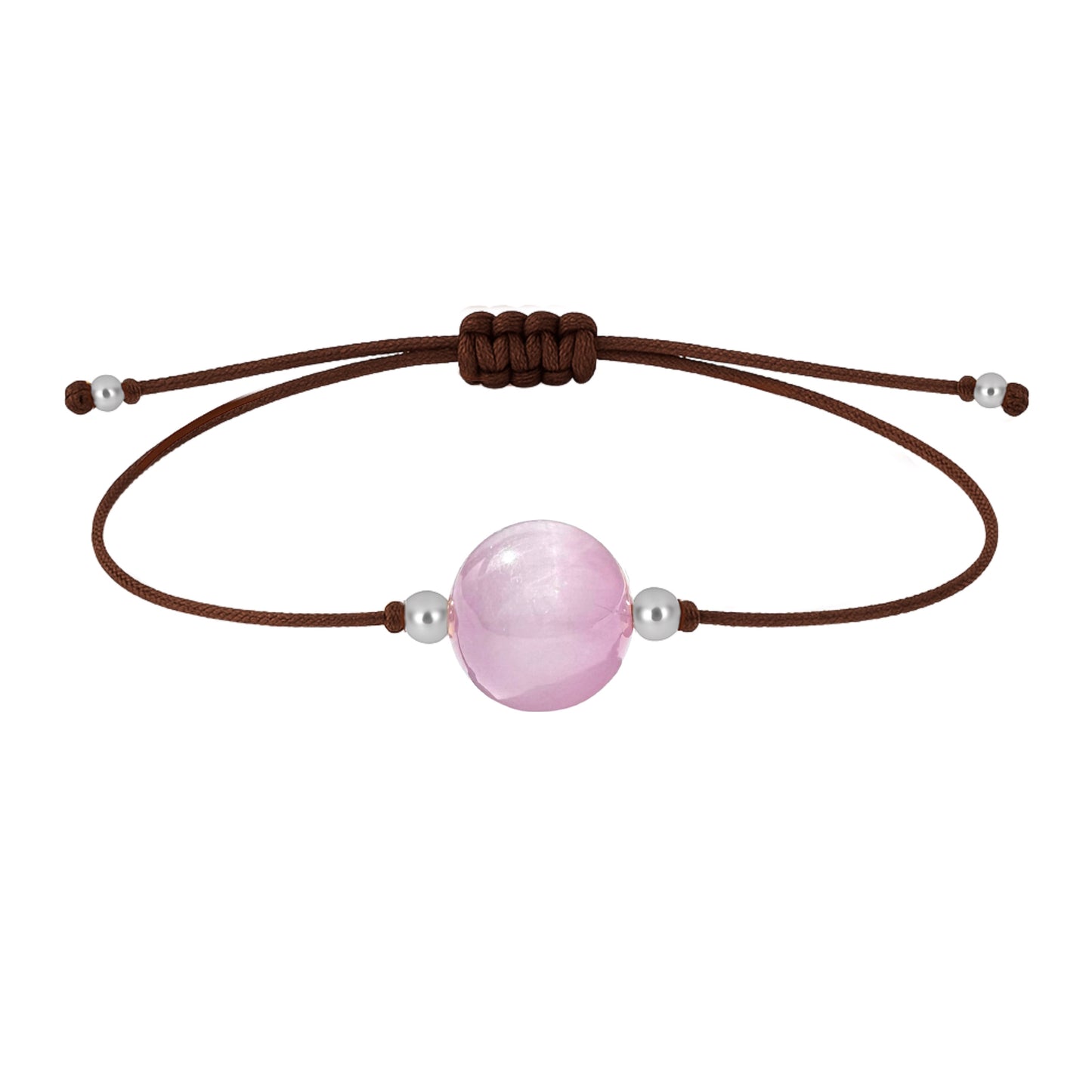 Pulsera de kunzita natural con hilo marrón y balines en plata 925.