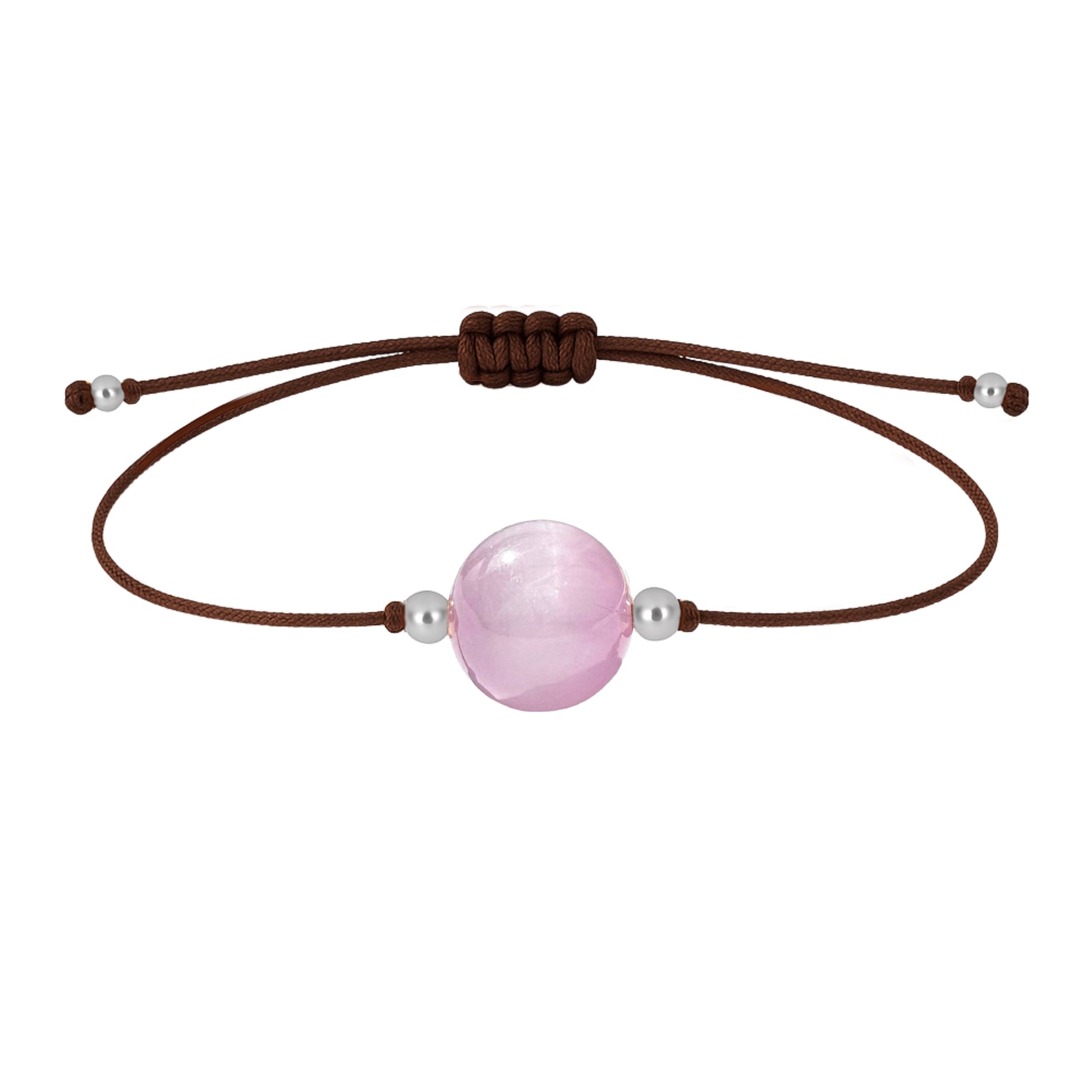 Pulsera de kunzita natural con hilo marrón y balines en plata 925.