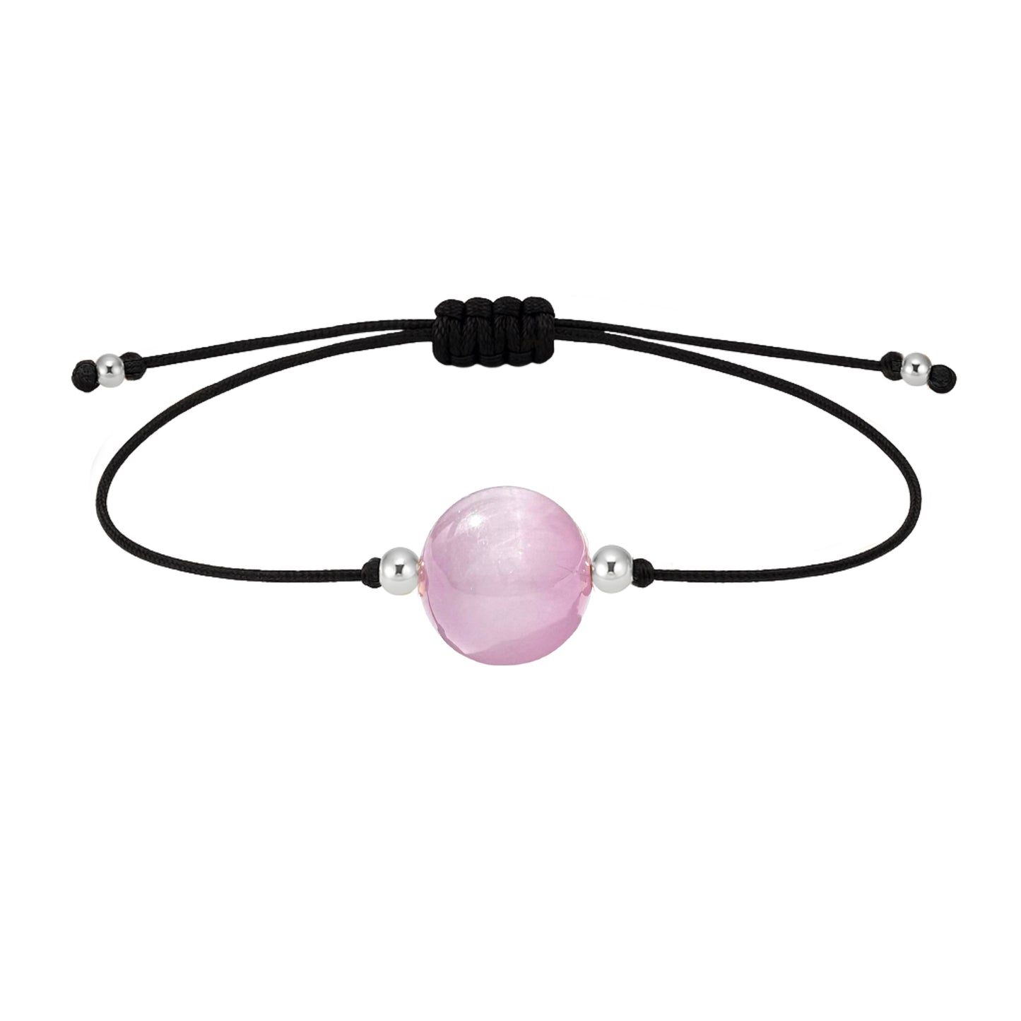 Pulsera de kunzita natural con hilo negro y balines en plata 925.