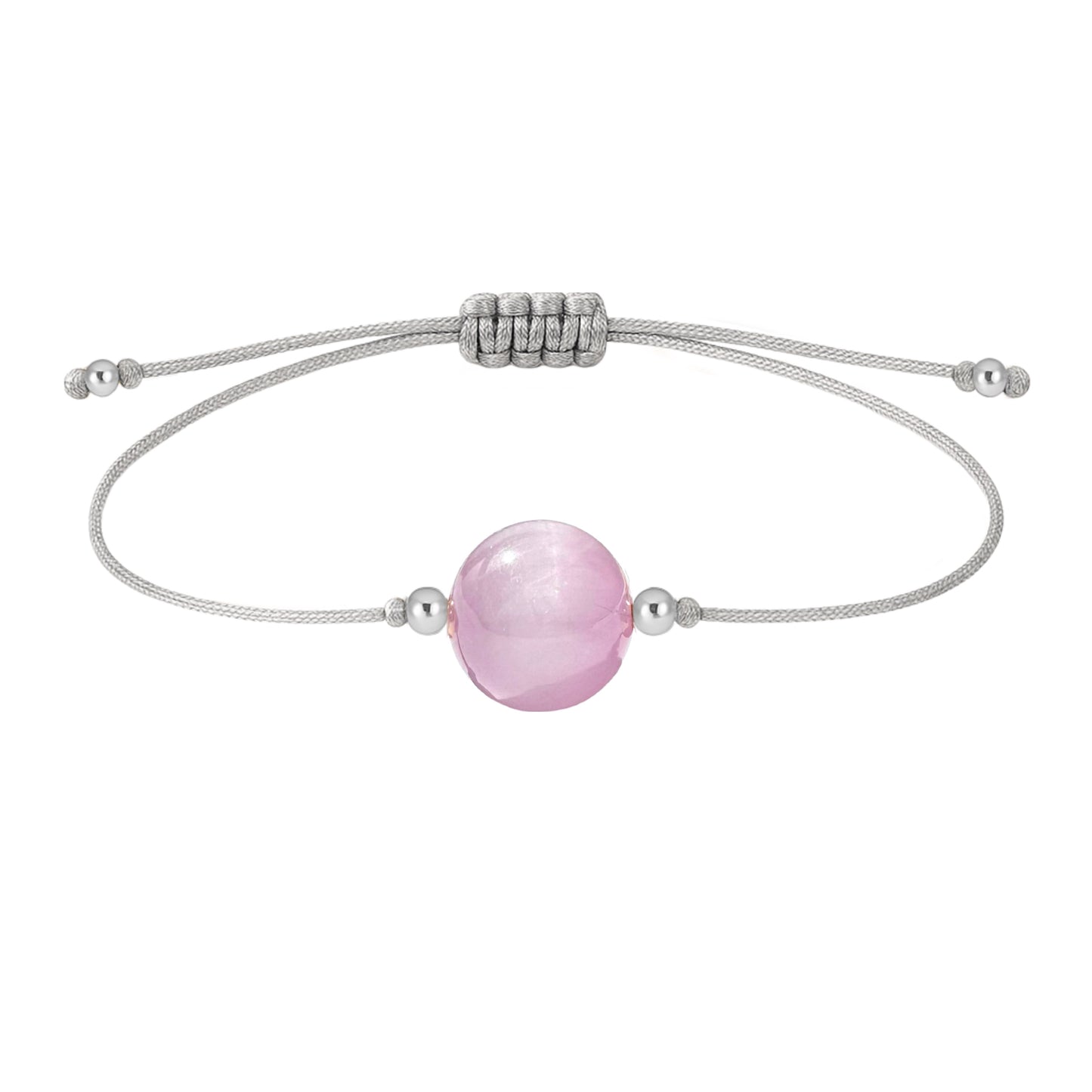 Pulsera de kunzita natural con hilo plateado y balines en plata 925.
