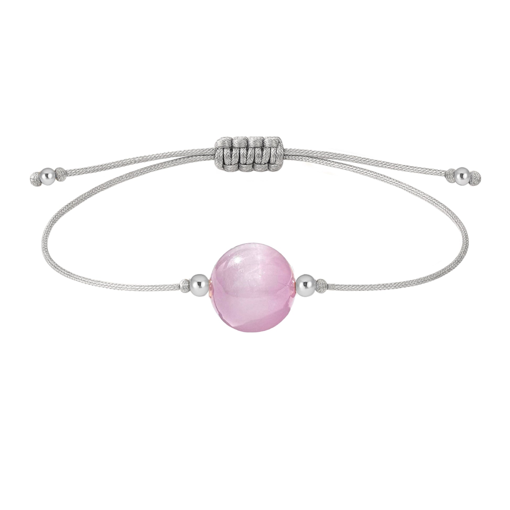 Pulsera de kunzita natural con hilo plateado y balines en plata 925.