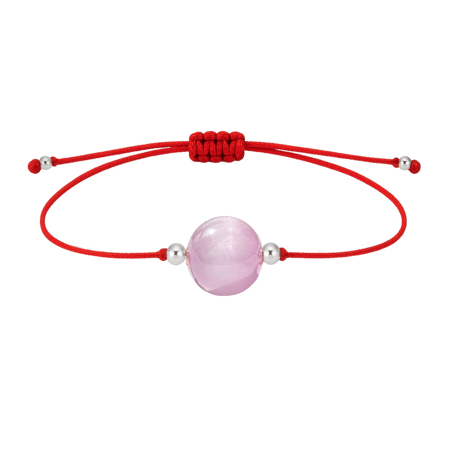 Pulsera de kunzita natural con hilo rojo y balines en plata 925.