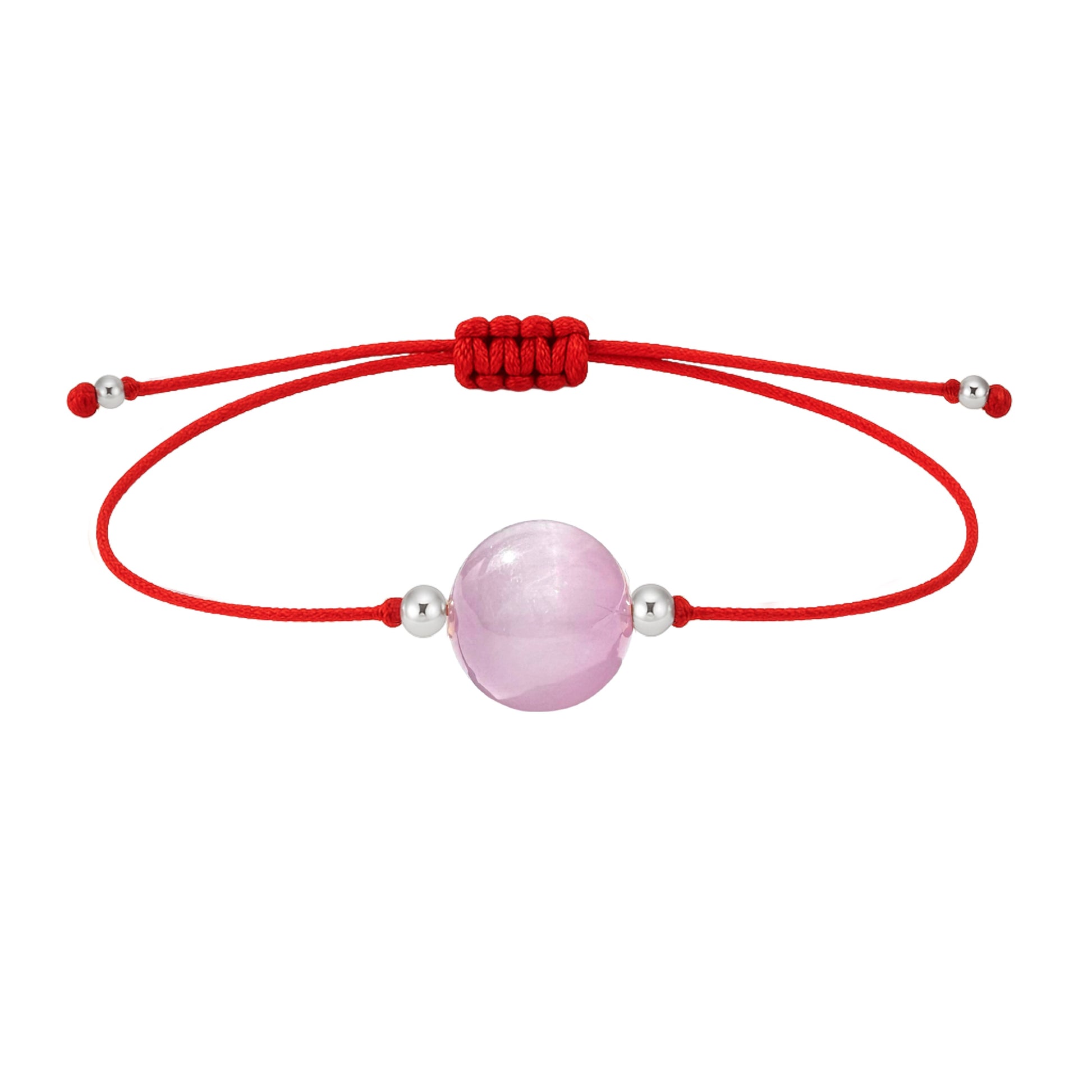 Pulsera de kunzita natural con hilo rojo y balines en plata 925.