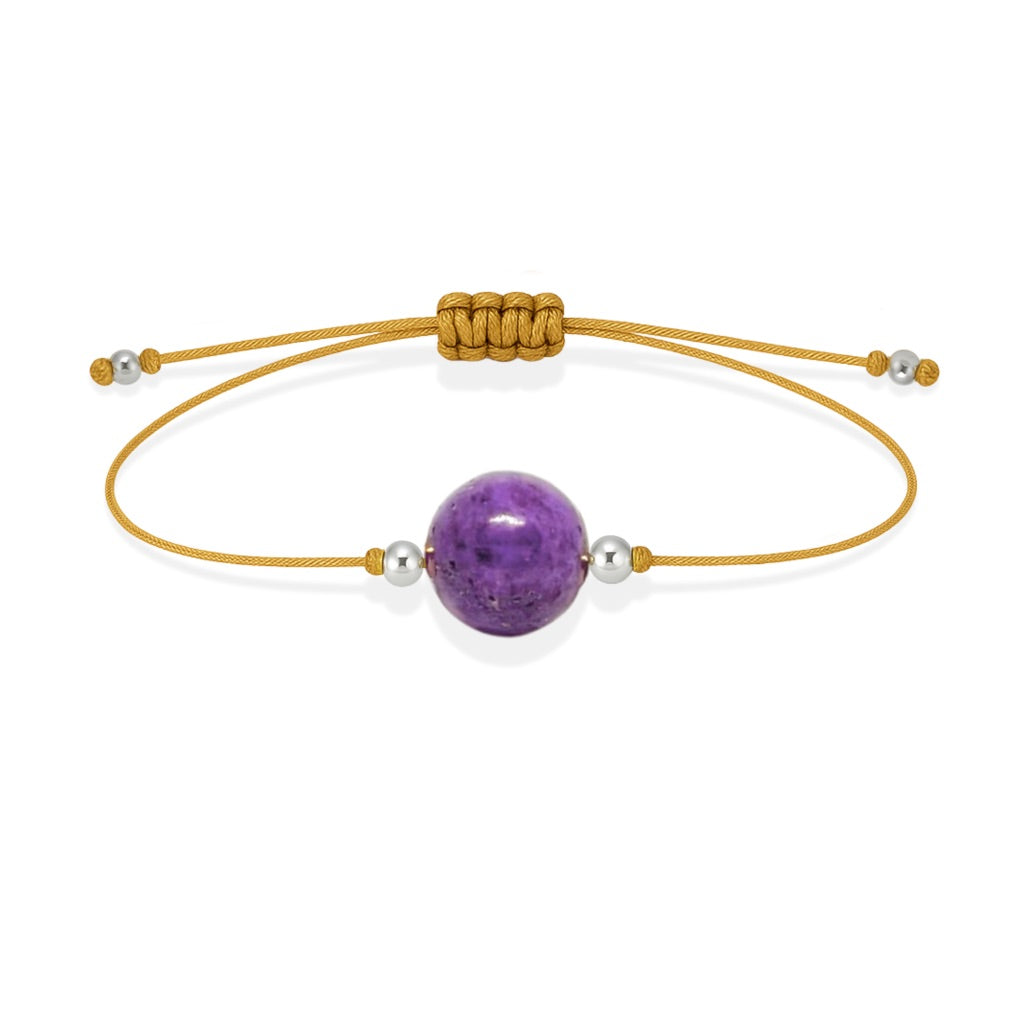 Pulsera de fosfosiderita natural con hilo dorado y balines en plata 925.