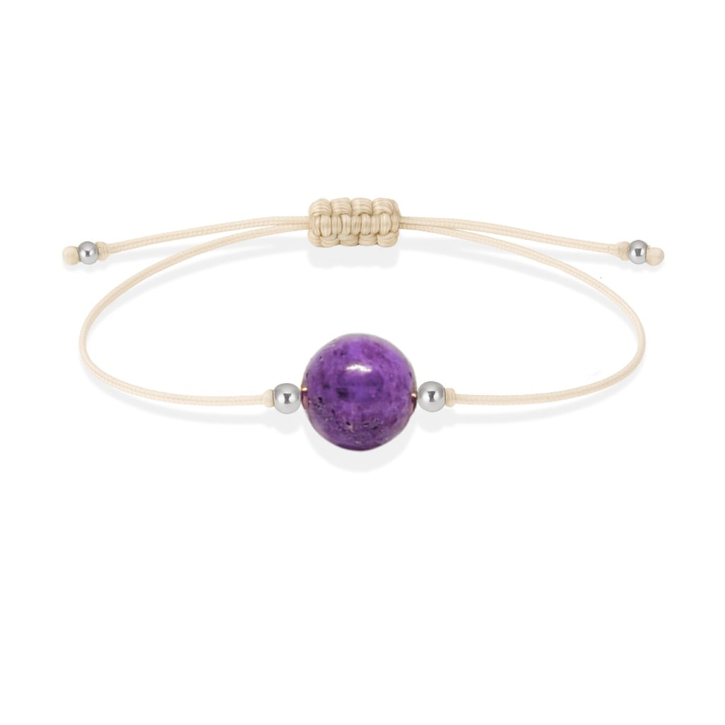 Pulsera de fosfosiderita natural con hilo color hueso y balines en plata 925.