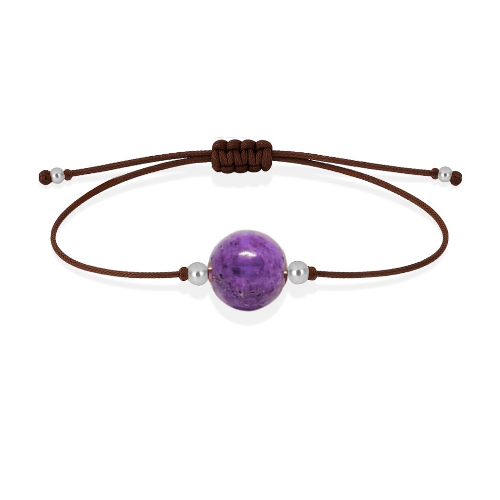 Pulsera de fosfosiderita natural con hilo marrón y balines en plata 925.