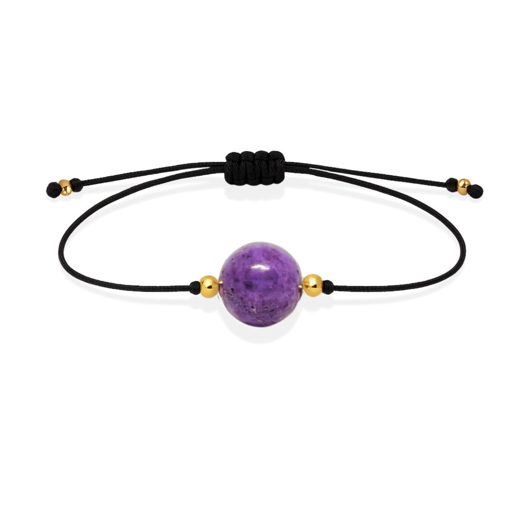 Pulsera de fosfosiderita natural con hilo negro y balines en oro de 18 quilates.