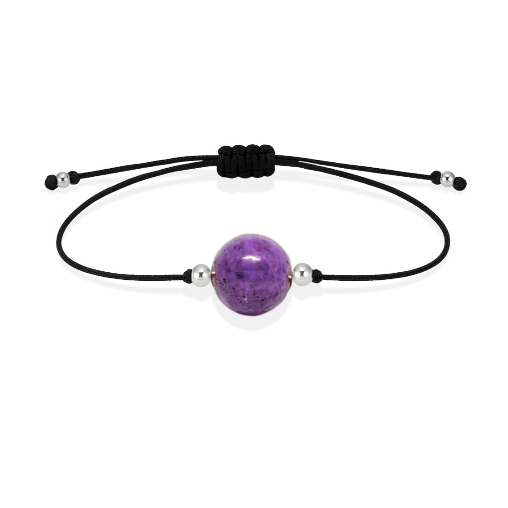 Pulsera de fosfosiderita natural con hilo negro y balines en plata 925.