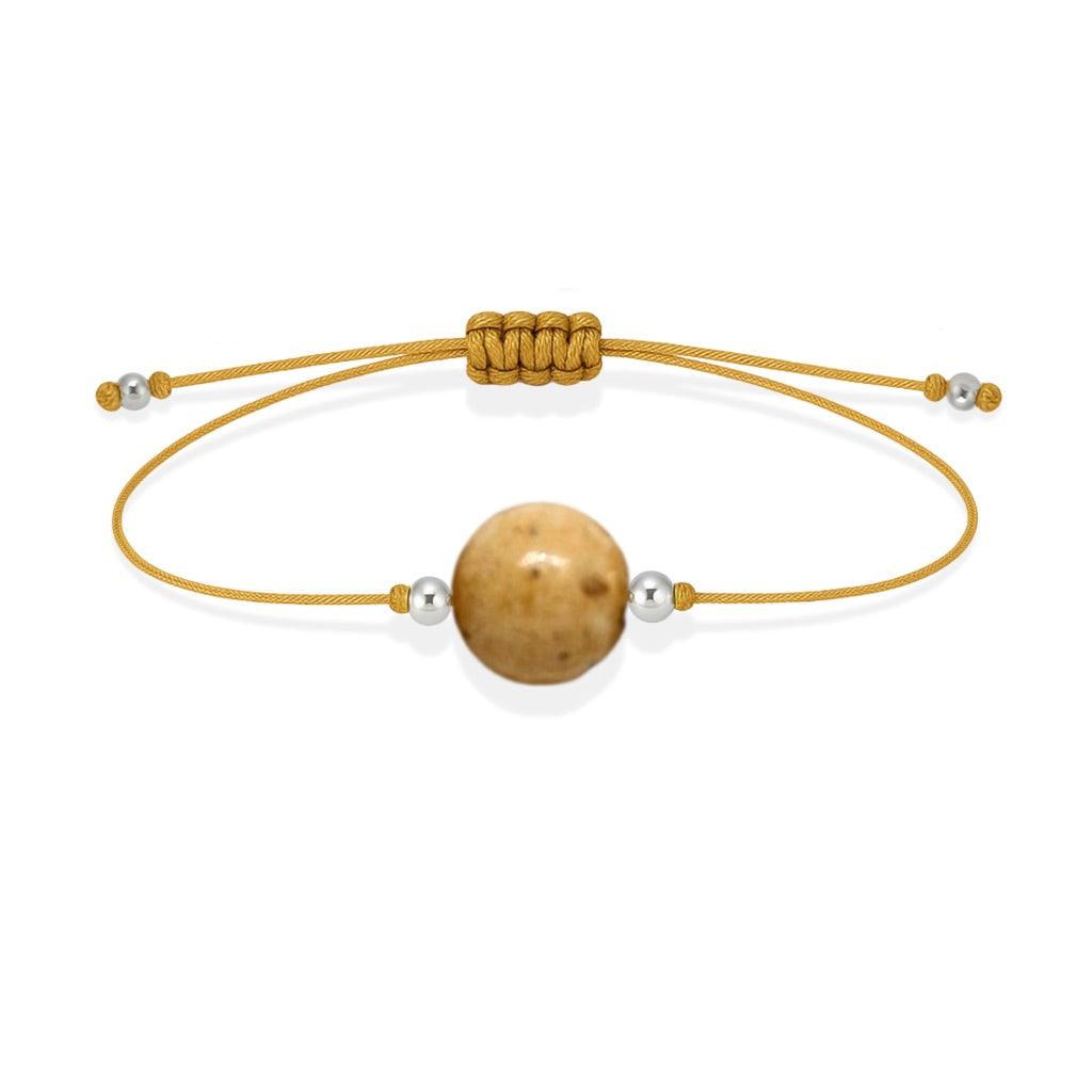 Pulsera de jaspe paisino natural con hilo dorado y balines en plata 925.