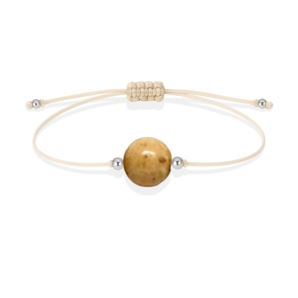 Pulsera de jaspe paisino natural con hilo color hueso y balines en plata 925.