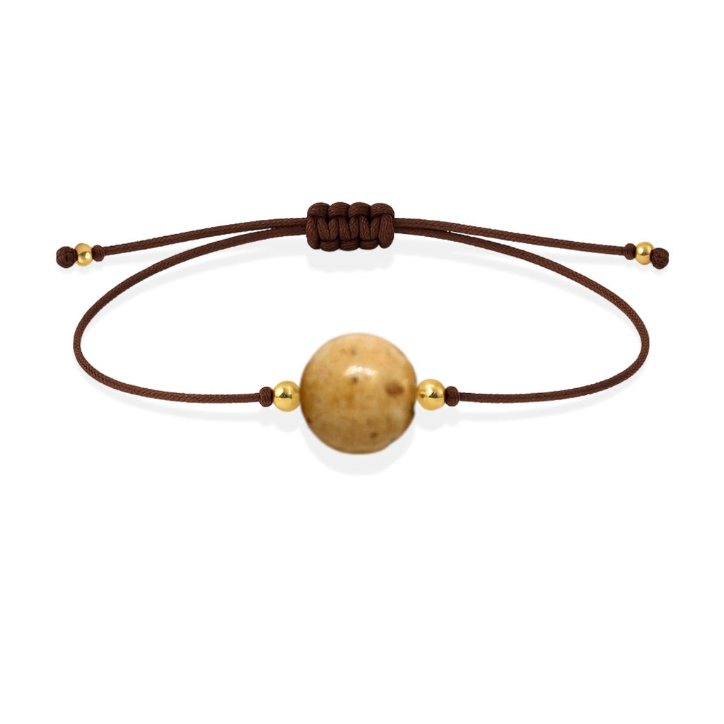 Pulsera de jaspe paisino natural con hilo marrón y balines en oro de 18 quilates.