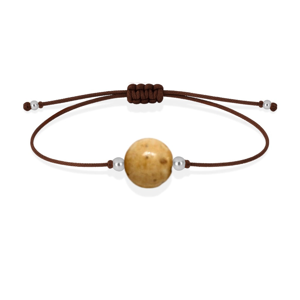 Pulsera de jaspe paisino natural con hilo marrón y balines en plata 925.