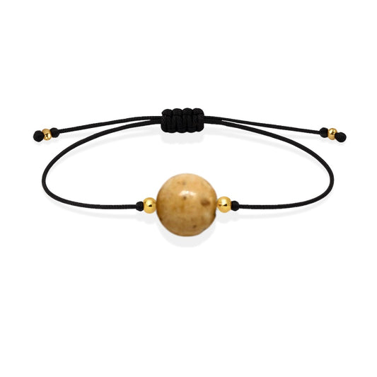 Pulsera de jaspe paisino natural con hilo negro y balines en oro de 18 quilates.