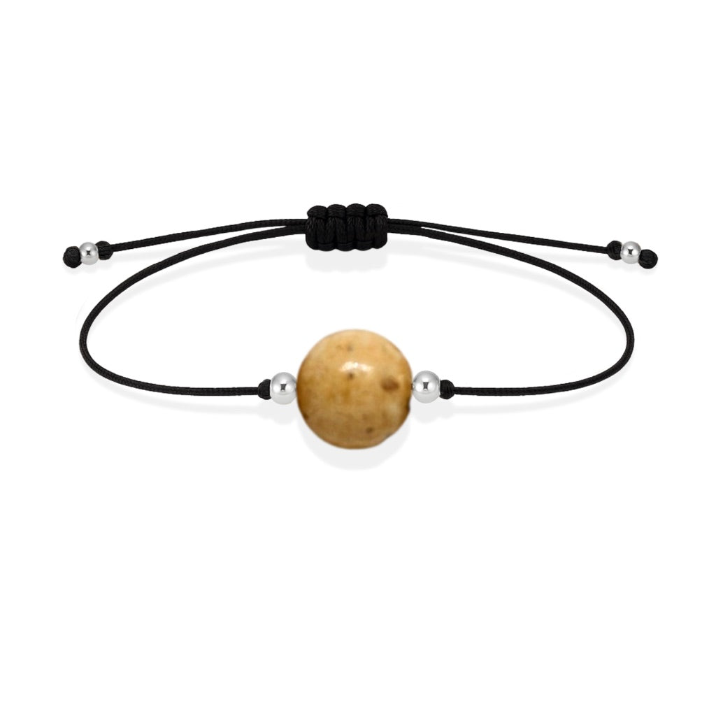 Pulsera de jaspe paisino natural con hilo negro y balines en plata 925.