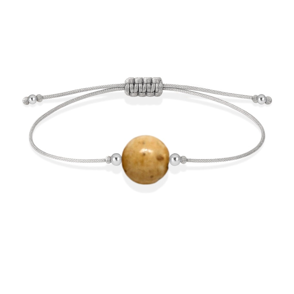 Pulsera de jaspe paisino natural con hilo plateado y balines en plata 925.