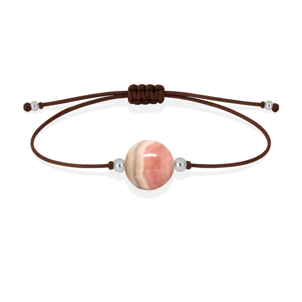 Pulsera de rodocrosita natural con hilo marrón y balines en plata 925.