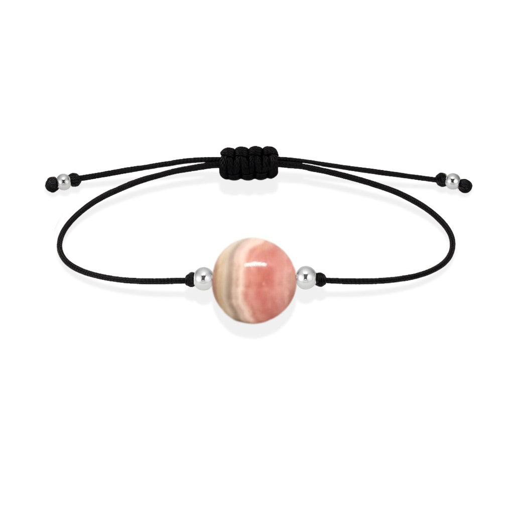 Pulsera de rodocrosita natural con hilo negro y balines en plata 925.