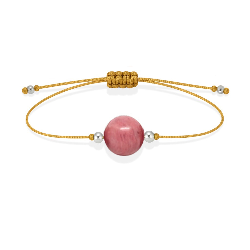 Pulsera de rodonita natural con hilo dorado y balines en plata 925.