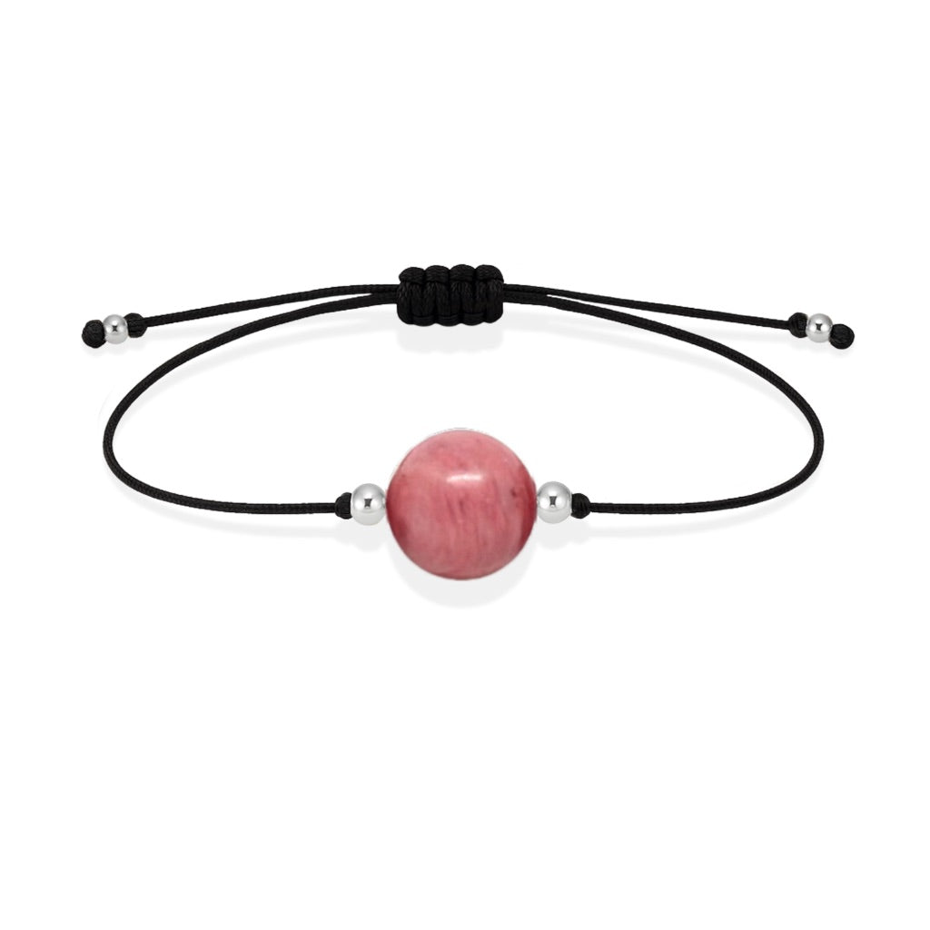Pulsera de rodonita natural con hilo negro y balines en plata 925.